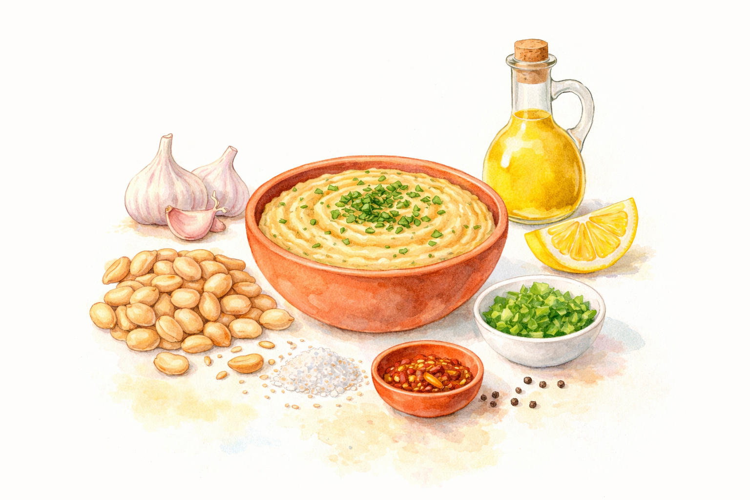 Watercolour illustration of Bigilla in a terracotta bowl with broad beans, garlic, olive oil and lemon.