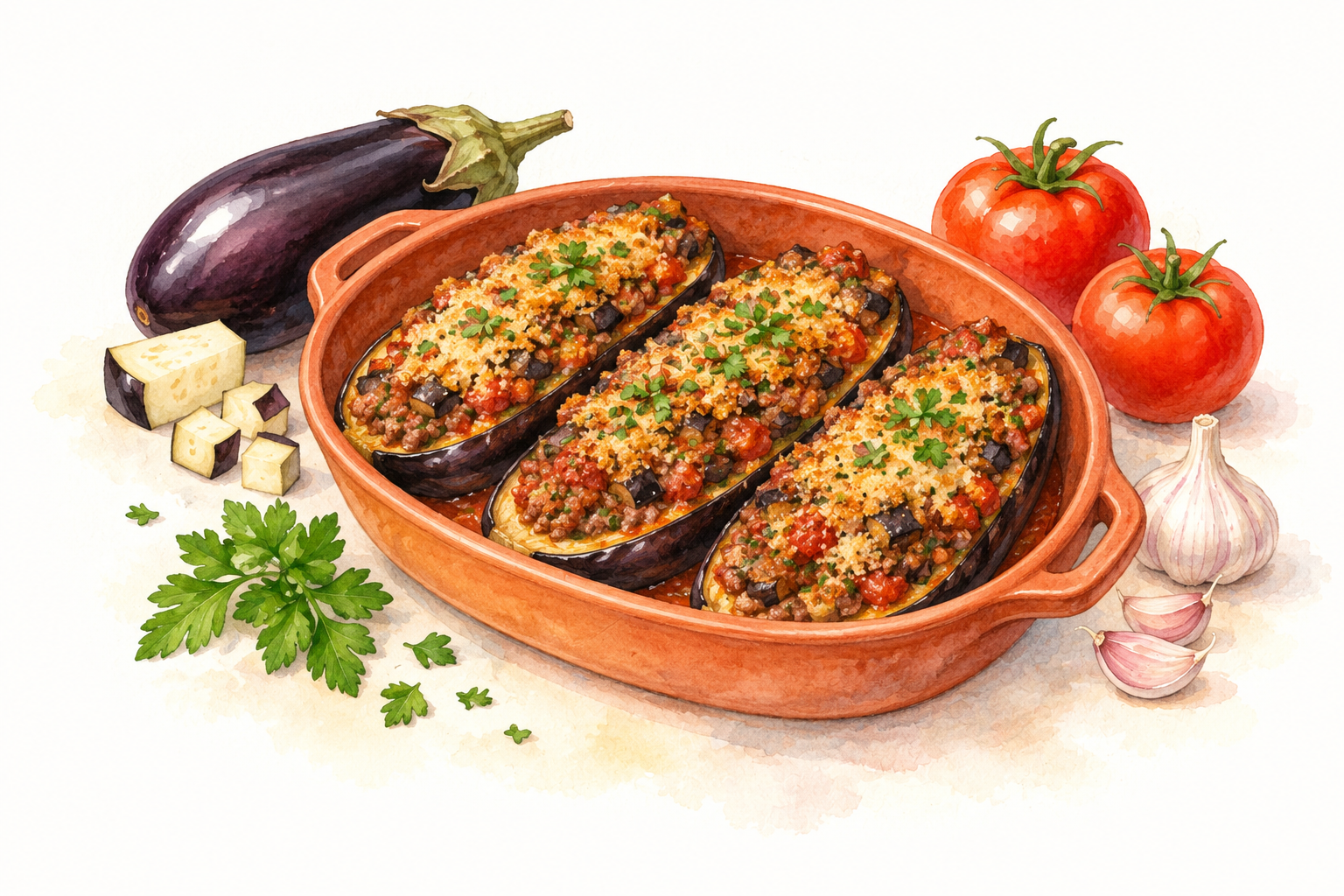 Watercolour illustration of baked aubergine halves filled with beef, tomato and breadcrumbs.