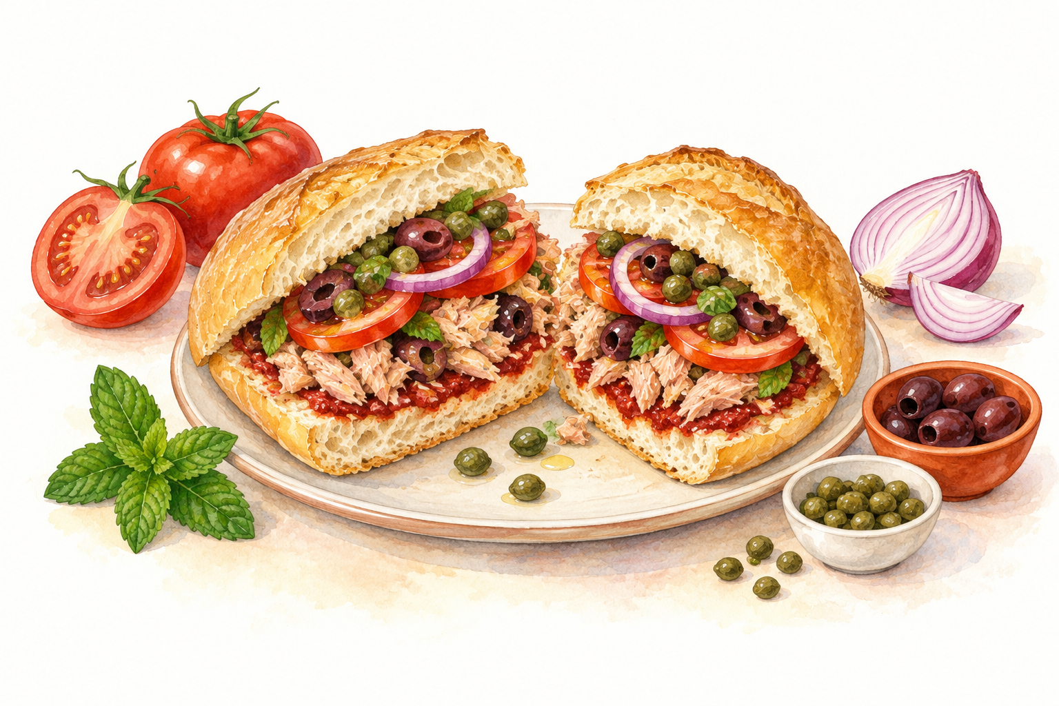 Watercolour illustration of crusty Maltese sandwiches filled with tuna, tomato, onion and capers.