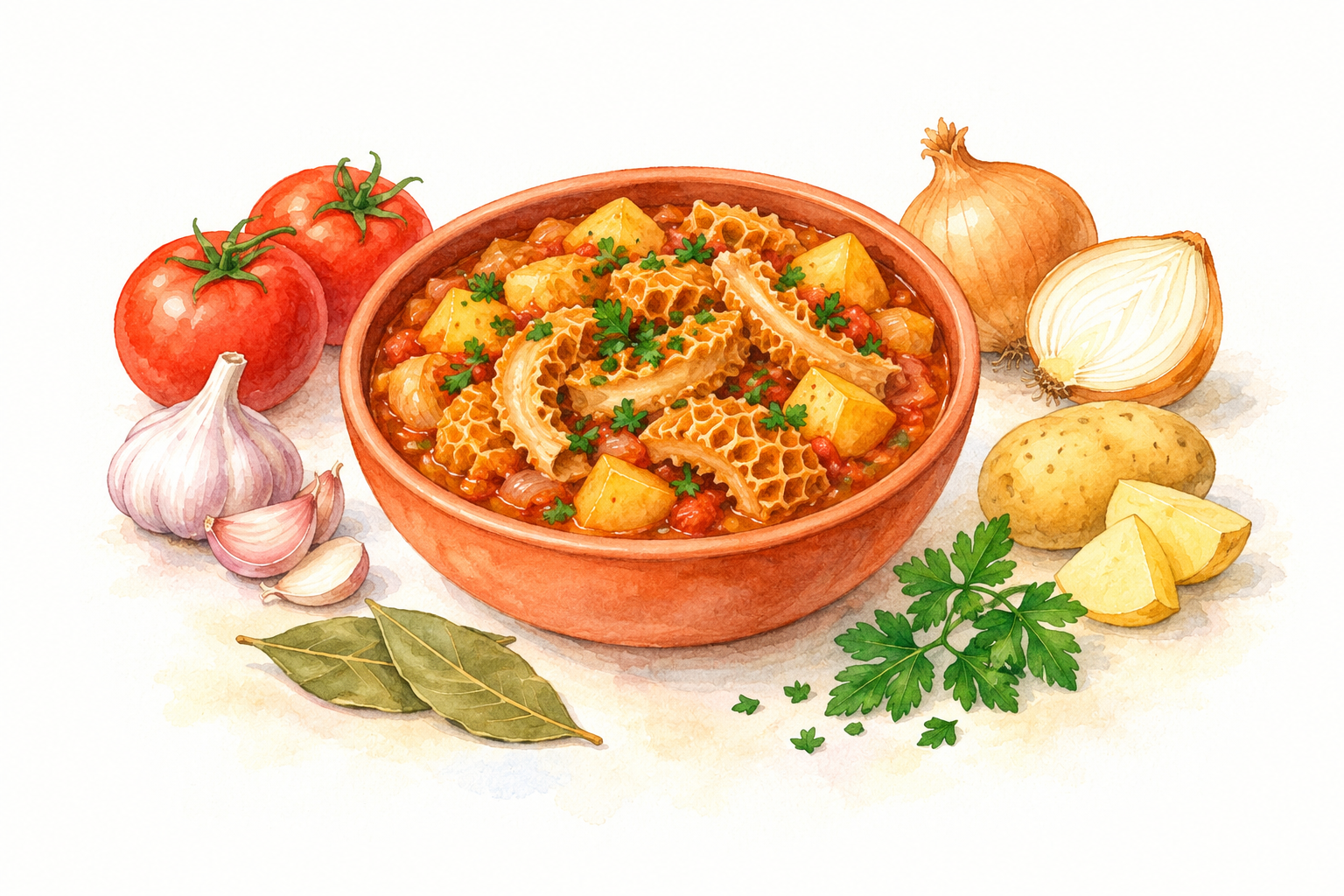 Watercolour illustration of Maltese tripe stew with tomato, potatoes and parsley.