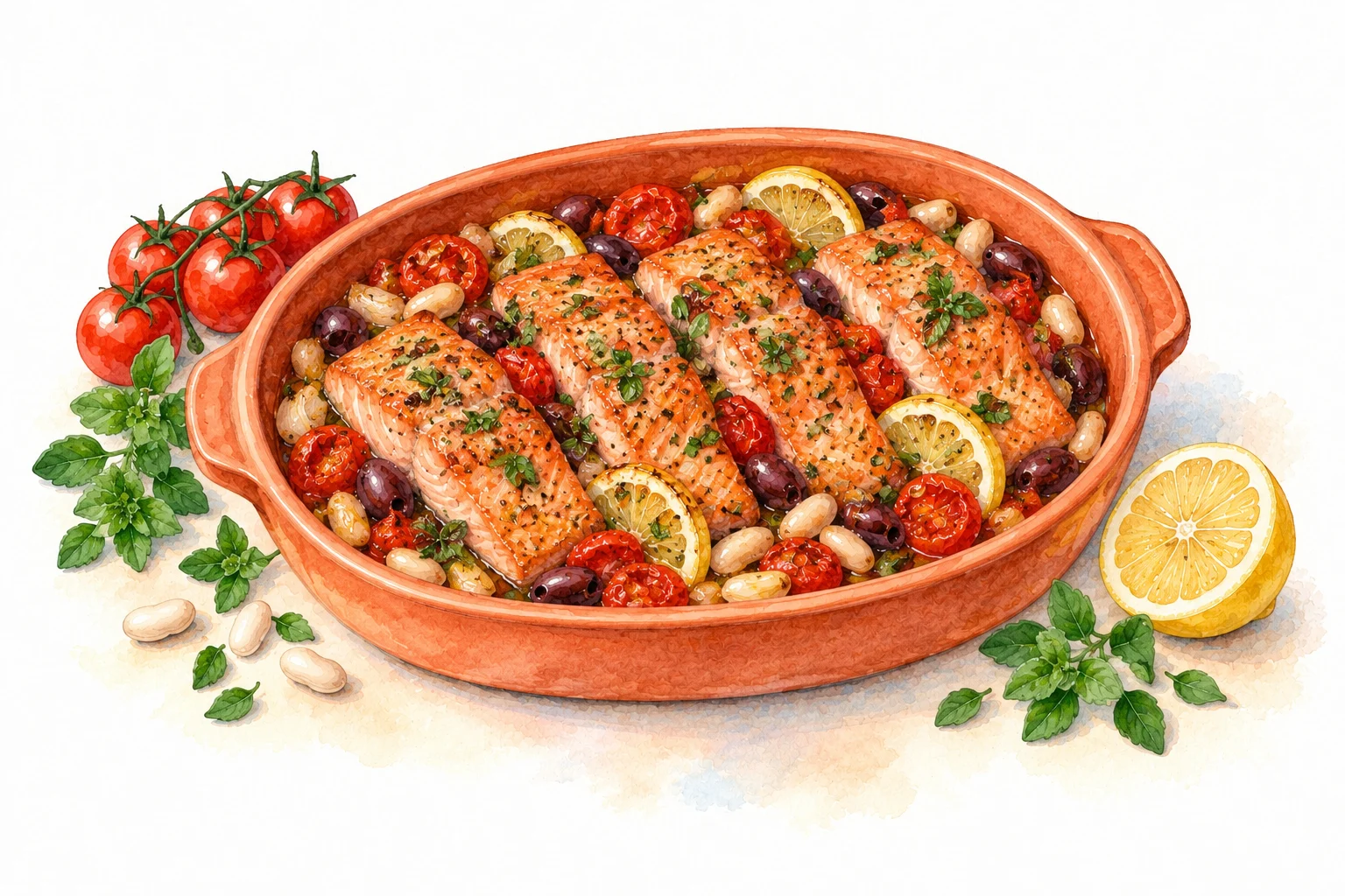 Roasted salmon with cherry tomatoes, olives, beans and lemon