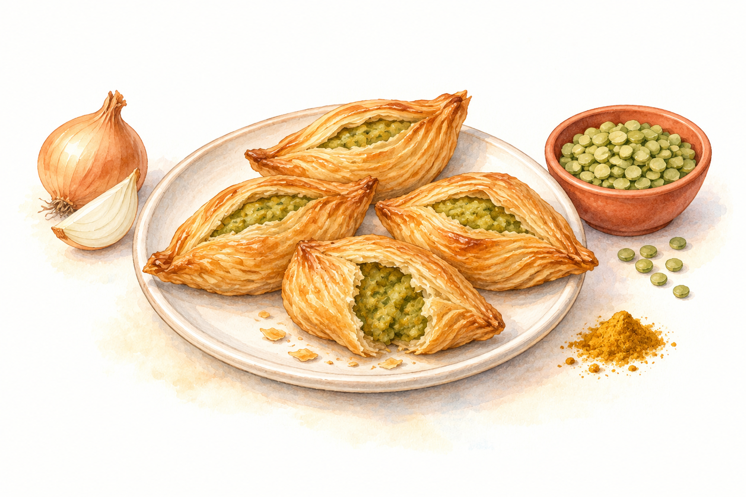 Watercolour illustration of golden boat-shaped pastizzi with spiced split-pea filling.