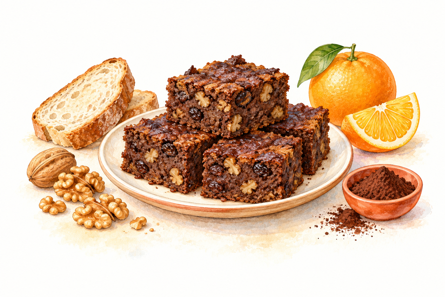 Watercolour illustration of dark Maltese bread-pudding squares with raisins, walnuts and citrus.