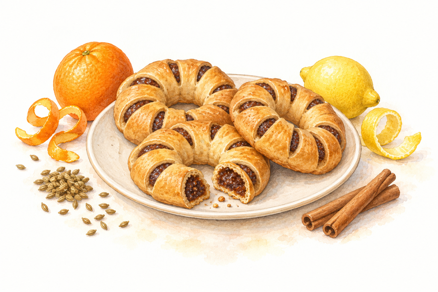 Watercolour illustration of Maltese pastry rings with dark treacle filling visible through small slashes.